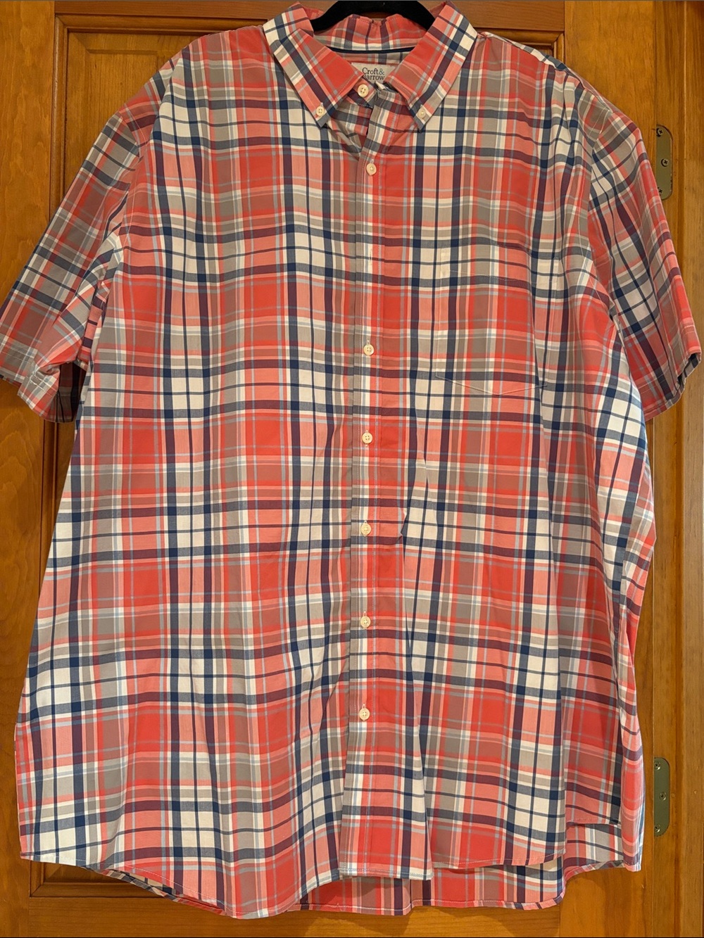 Croft & Barrow Coral, Blue and White Short Sleeve Plaid Button-Down Shirt